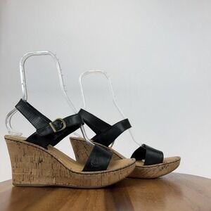 New NWOB Womens Born Lenore Black Leather Cork Strappy Wedges Sandals Size 11 M